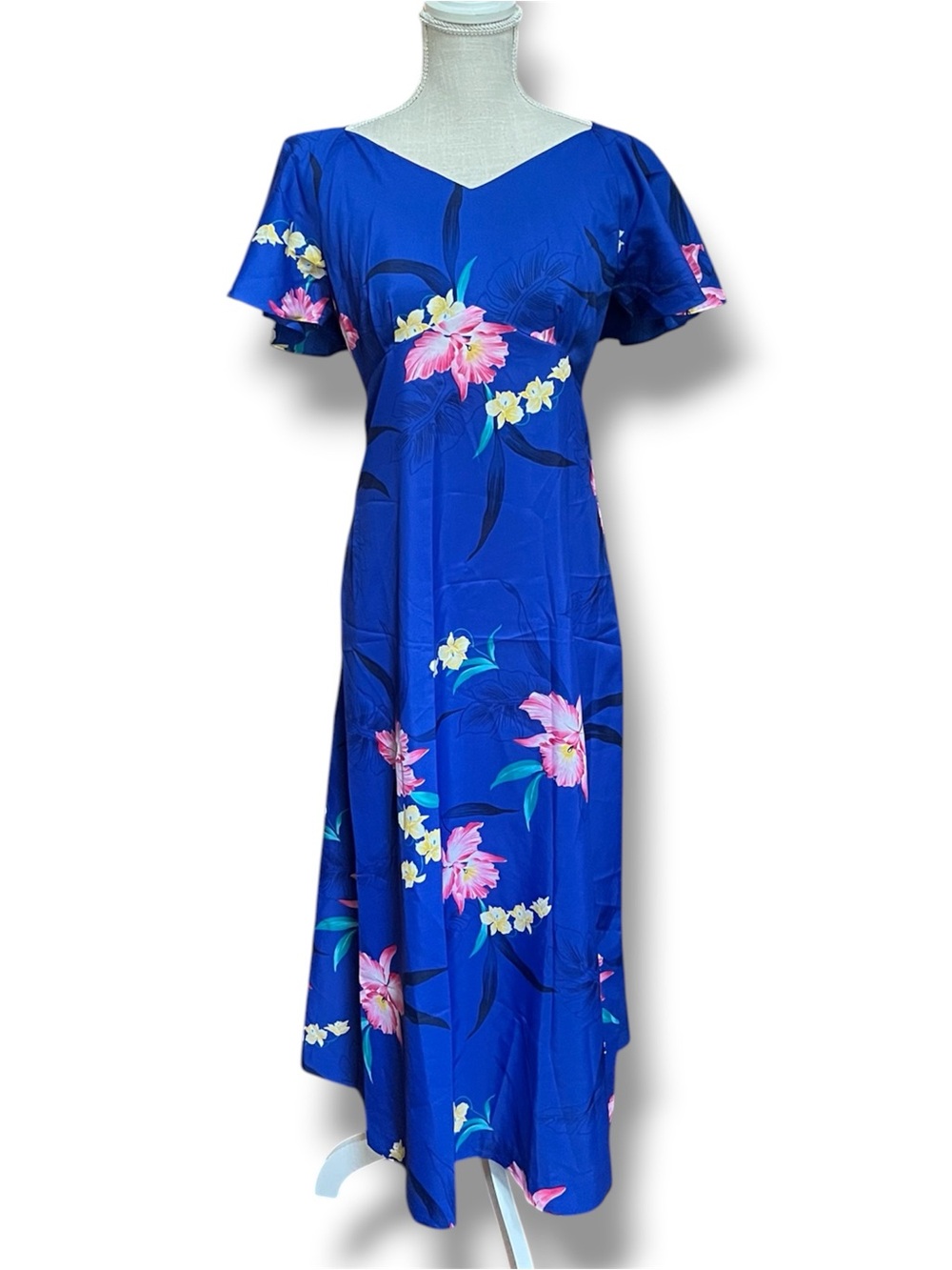 Vintage 70s Hukilau Fashions Tropical Orchid Flutter Sleeve Maxi Dress Size 8